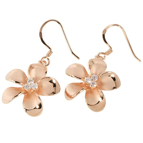 20mm Sterling Silver Plumeria Pink Gold Three CZ Stud Earring