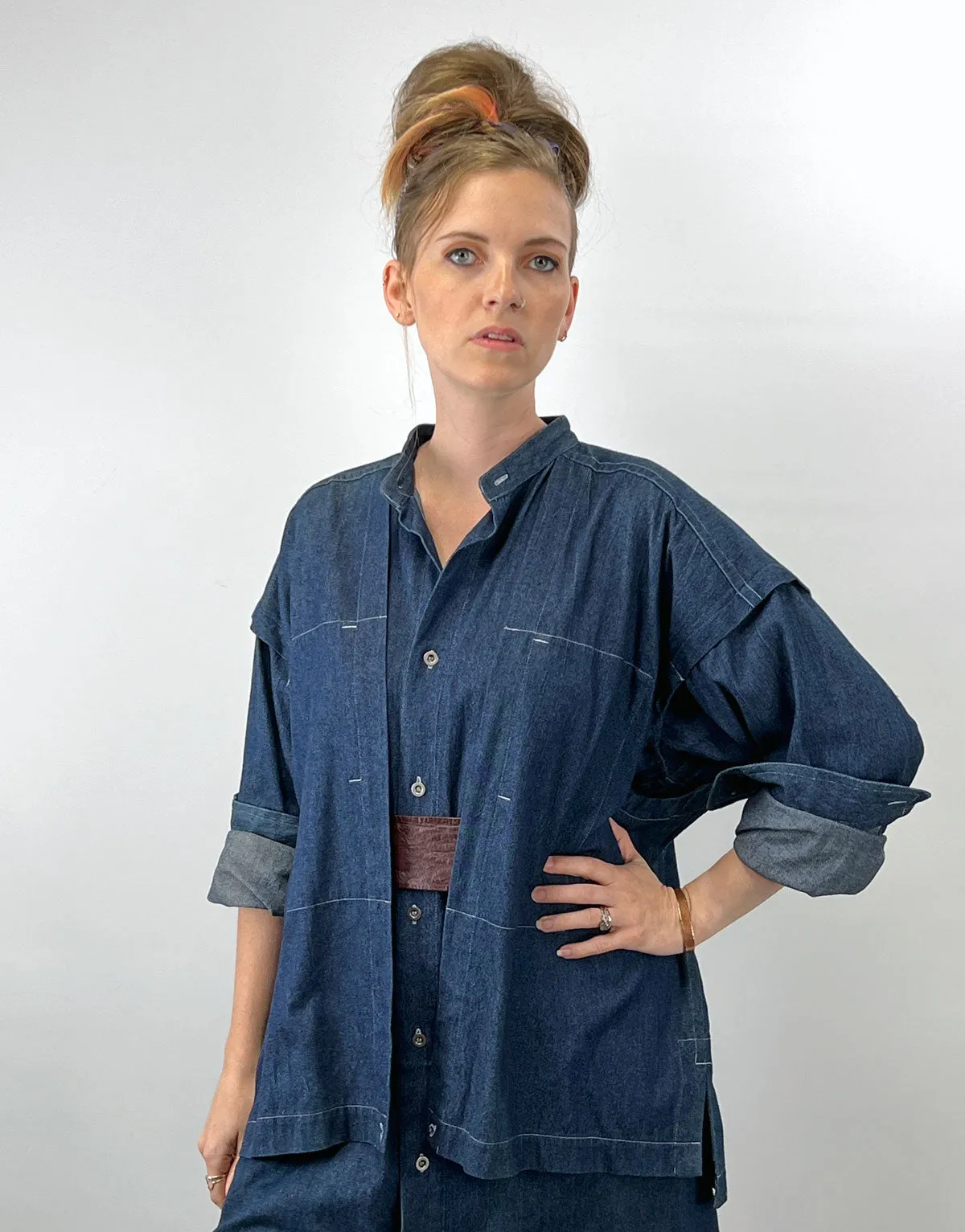 80s 90s Indigo Denim Coat Dress Issey Miyake Plantation OSFM VFG