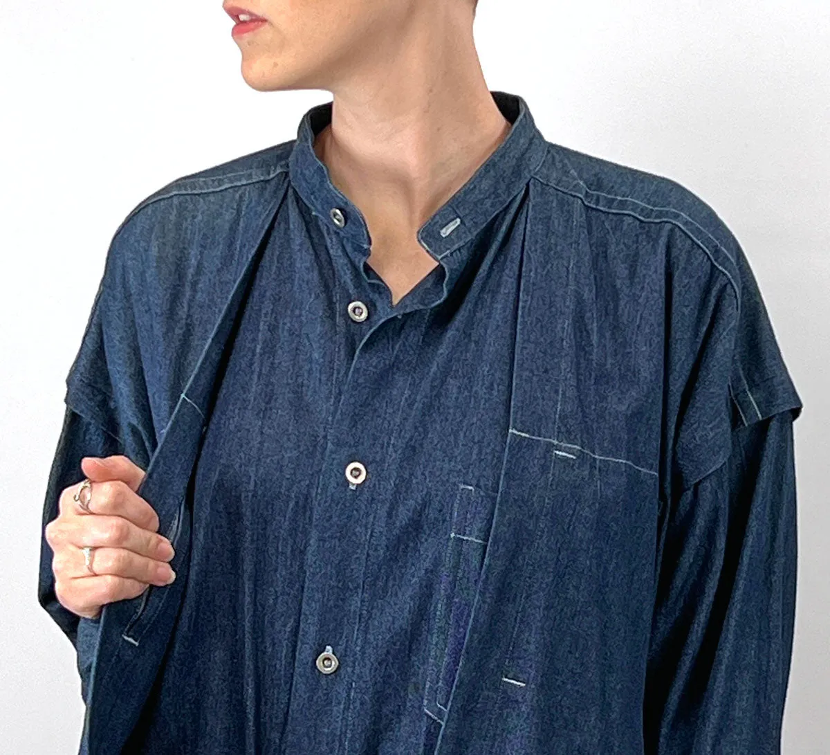 80s 90s Indigo Denim Coat Dress Issey Miyake Plantation OSFM VFG