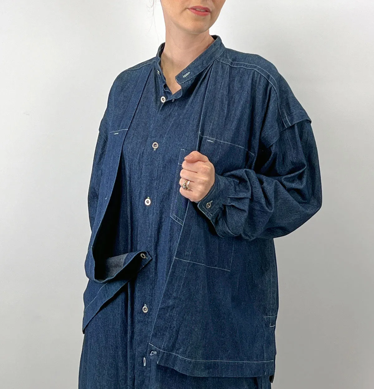 80s 90s Indigo Denim Coat Dress Issey Miyake Plantation OSFM VFG