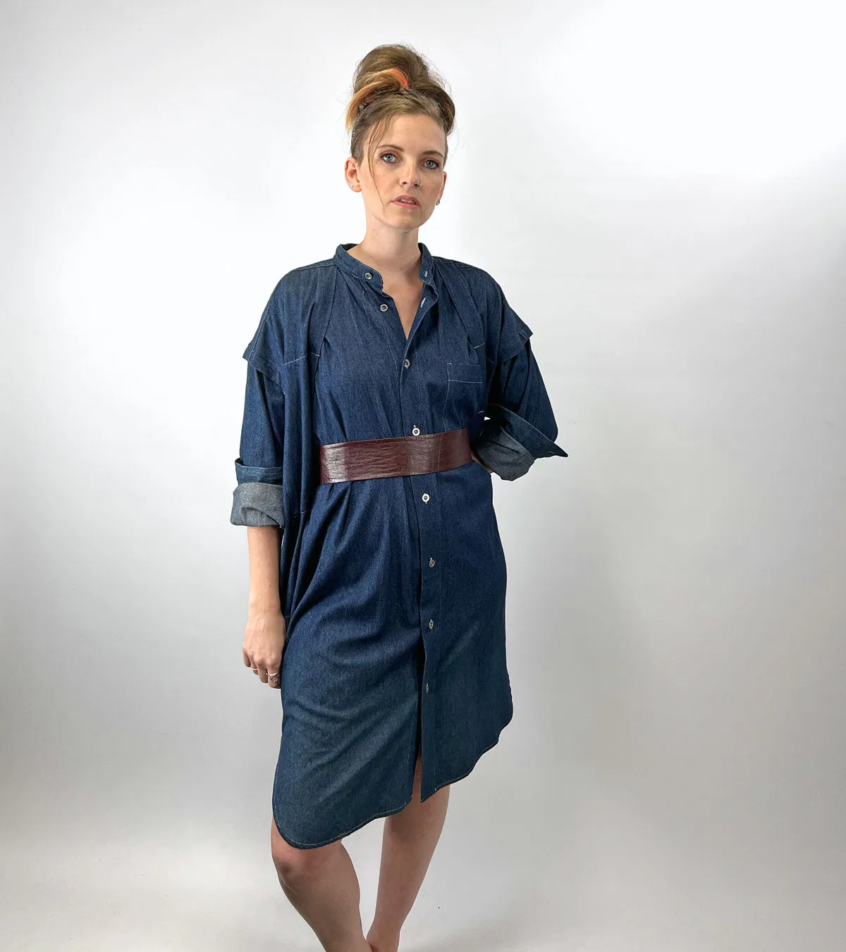 80s 90s Indigo Denim Coat Dress Issey Miyake Plantation OSFM VFG