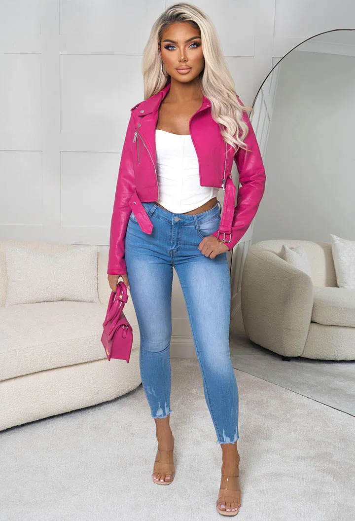 Biker Fantasy Hot Pink Faux Leather Cropped Biker Jacket