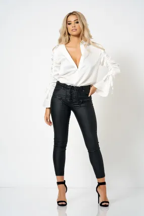 Black Lace Up Coated Denim Jeans