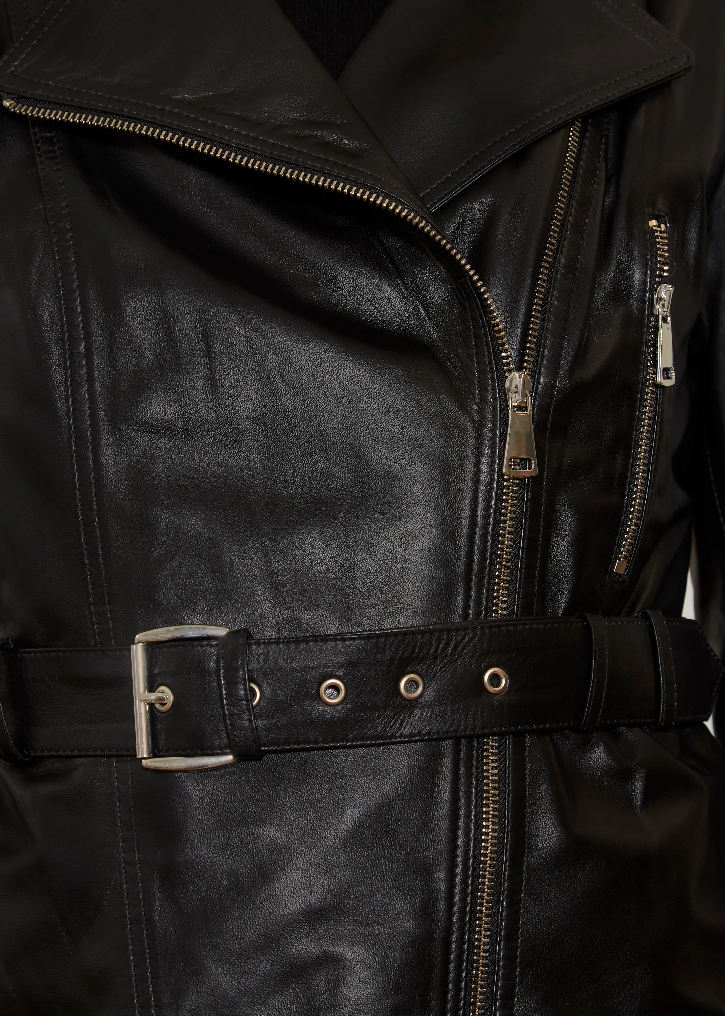 Black Leather Biker Jacket With Belt