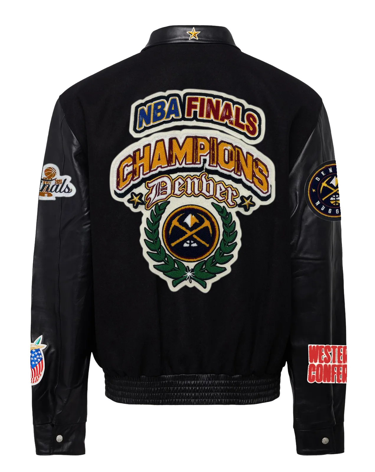 DENVER NUGGETS NBA CHAMPIONSHIP WOOL & LEATHER VARSITY JACKET BLACK/BLACK