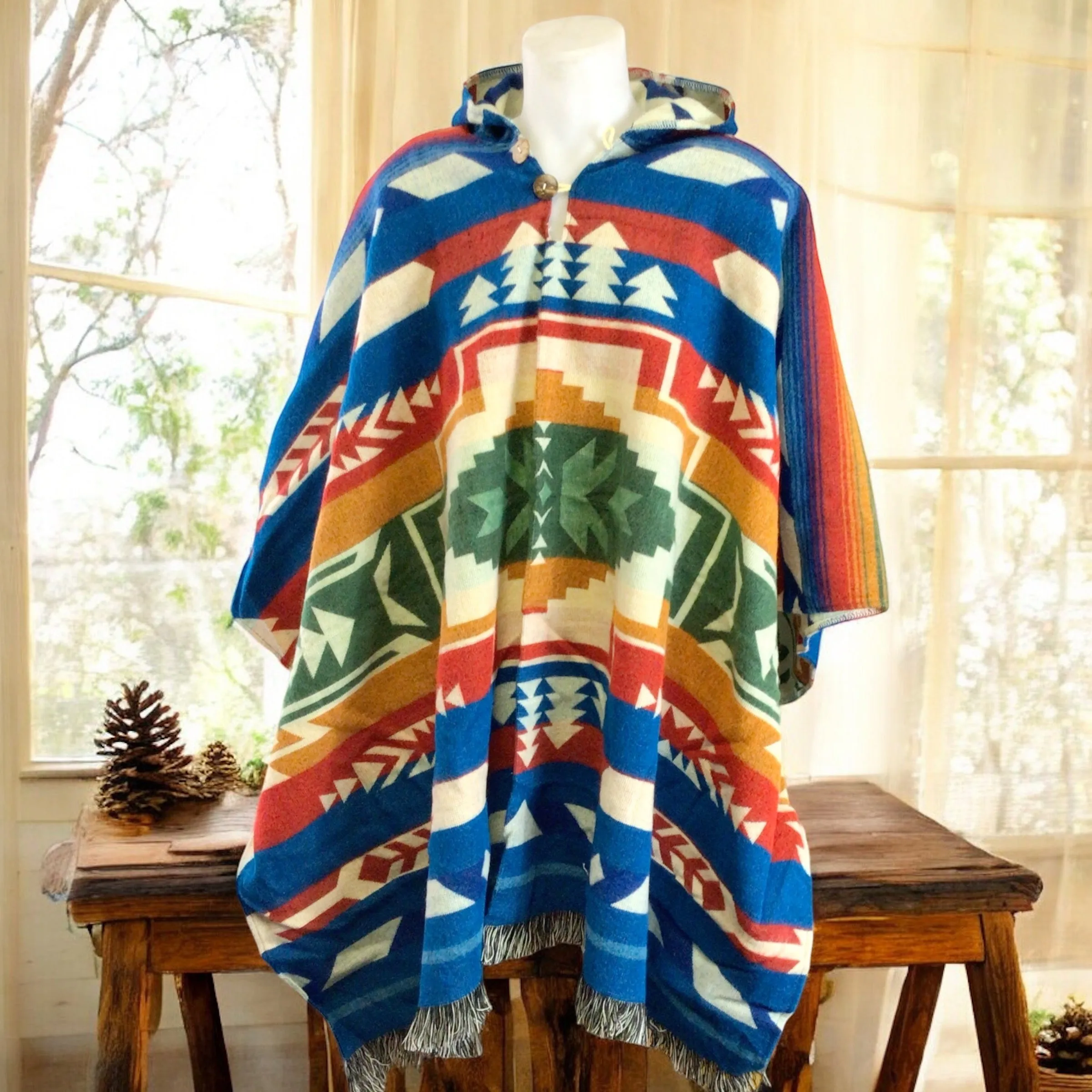 Handmade Ponchos blue  ( native print)