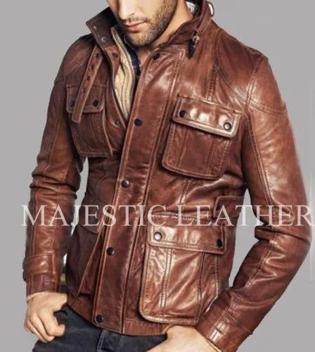 Mens Biker Vintage Antique Brown Cafe Racer Real Leather Jacket Motorcycle