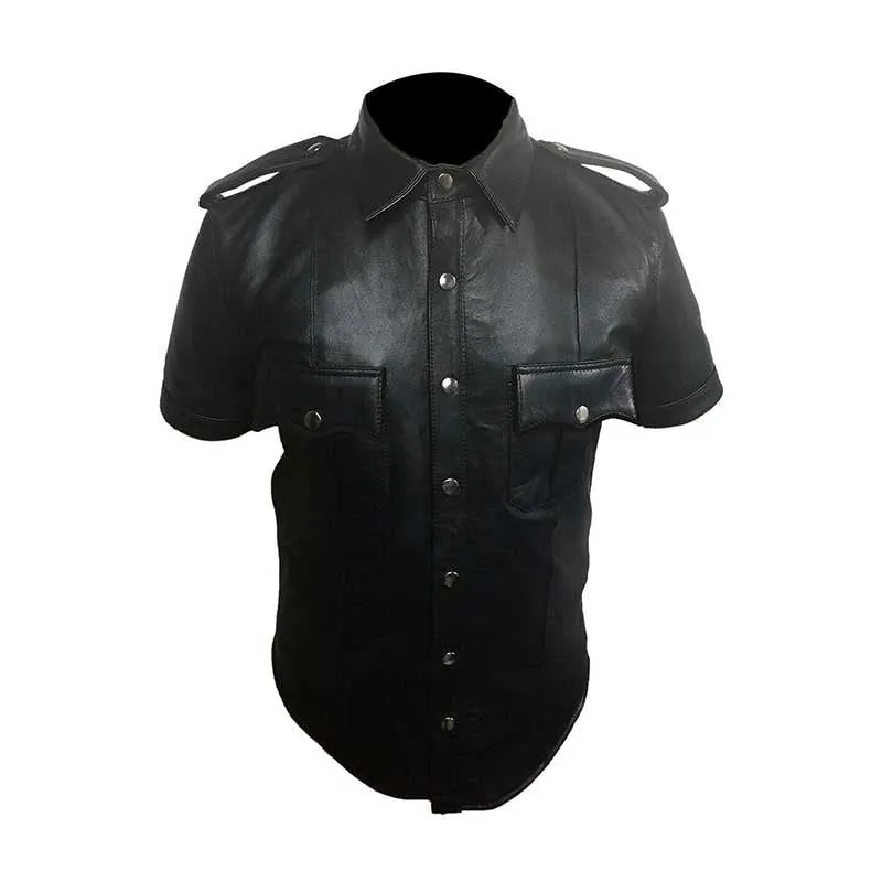 Men's Black Leather Shirt Sheep Lamb Police Uniform Style - (PSHS-BLK)