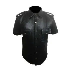 Men's Black Leather Shirt Sheep Lamb Police Uniform Style - (PSHS-BLK)