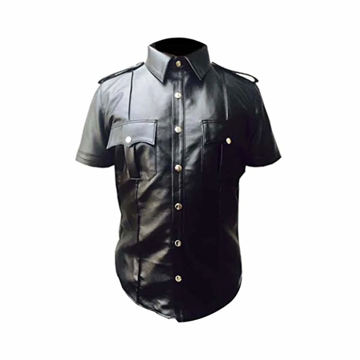 Men's Black Leather Shirt Sheep Lamb Police Uniform Style - (PSHS-BLK)