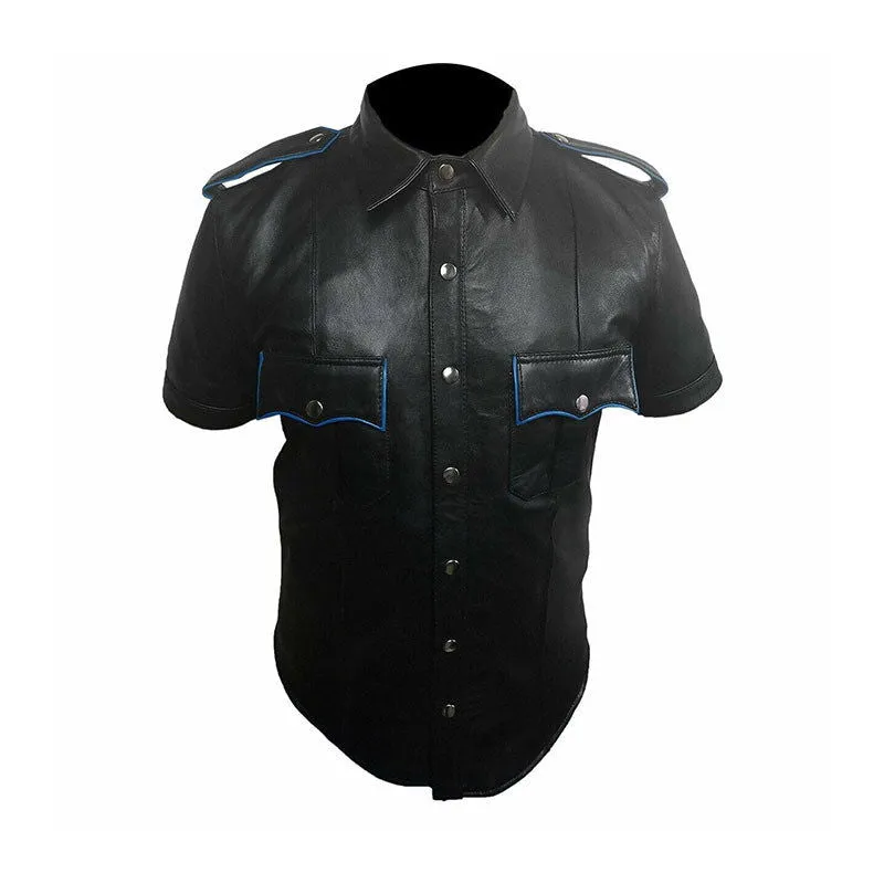 Men's Black Leather Shirt Sheep Lamb Police Uniform Style - (PSHS-BLK)