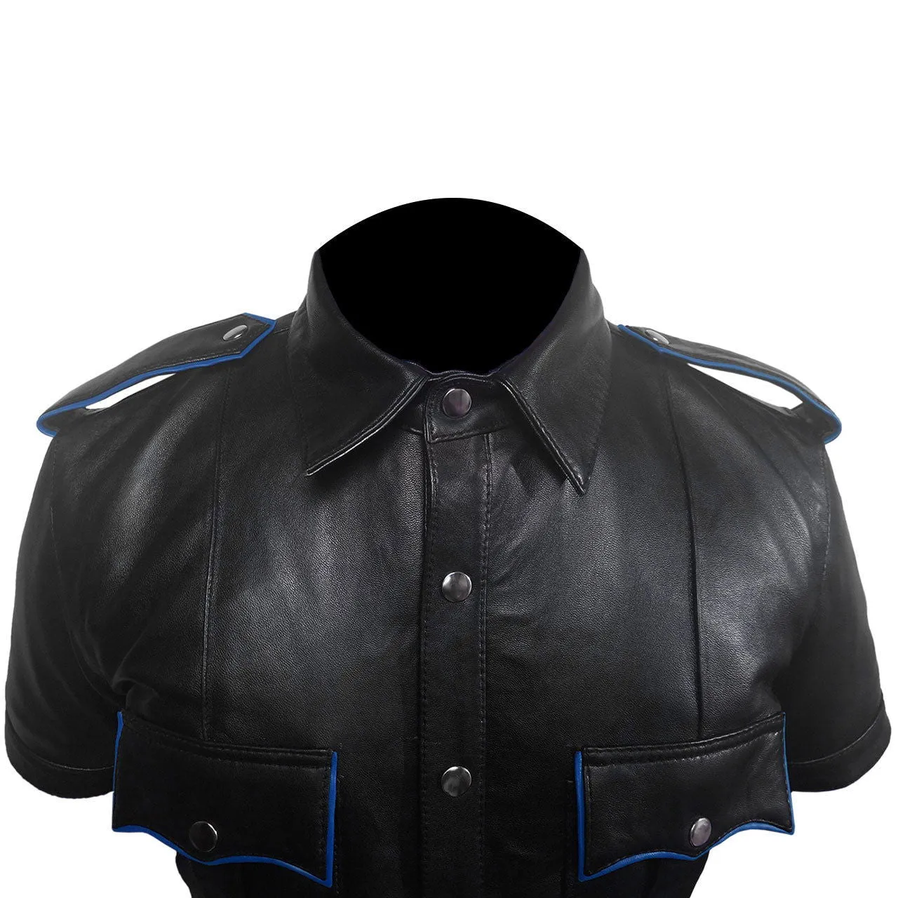 Men's Black Leather Shirt Sheep Lamb Police Uniform Style - (PSHS-BLK)