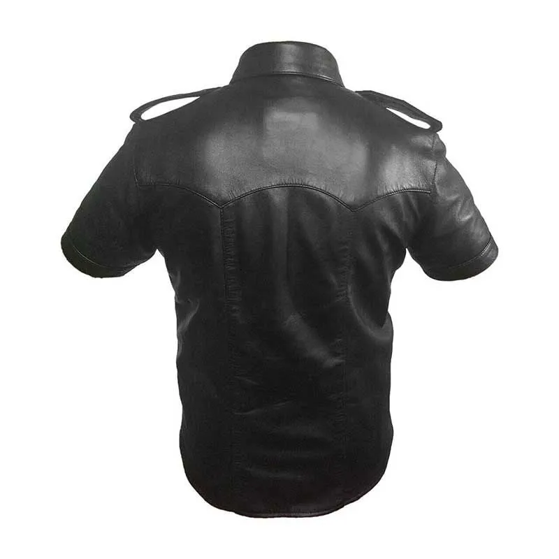 Men's Black Leather Shirt Sheep Lamb Police Uniform Style - (PSHS-BLK)