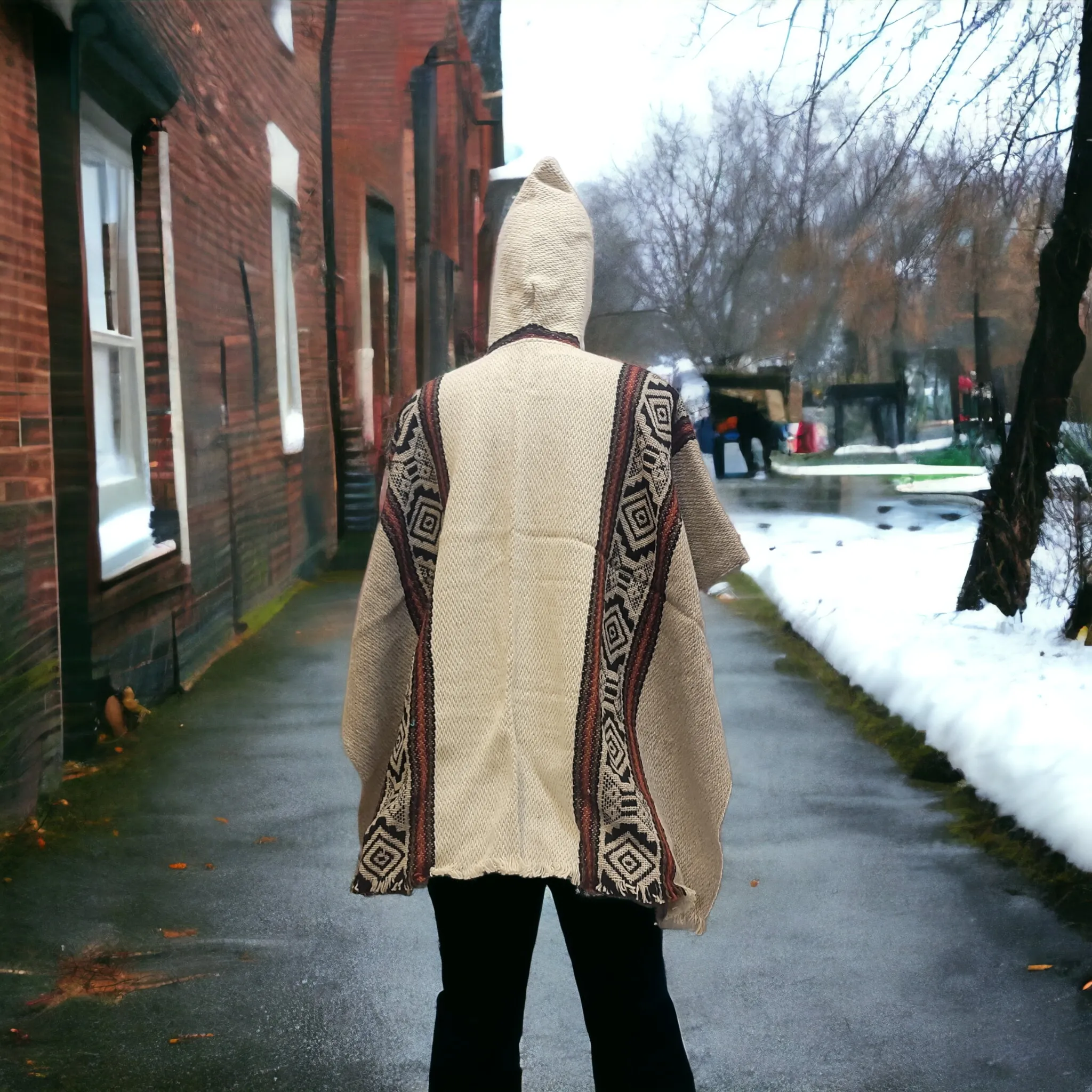 Mens Indigenous White and Grey fair trade poncho