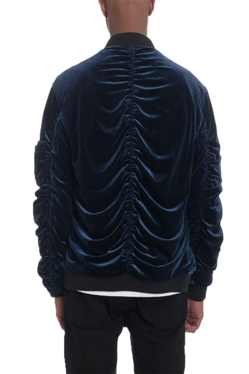 Mens Navy Blue Velour Bomber Jacket