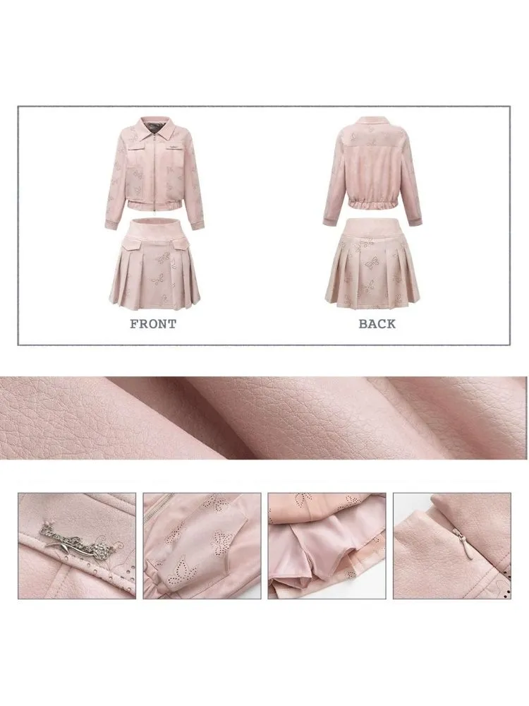 Pink leather jacket and pleated skirt【s0000003345】