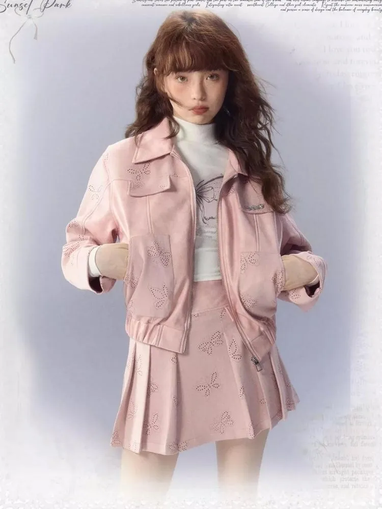 Pink leather jacket and pleated skirt【s0000003345】