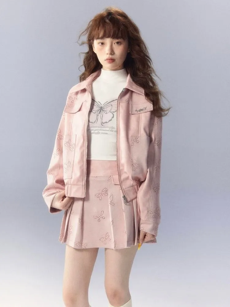 Pink leather jacket and pleated skirt【s0000003345】