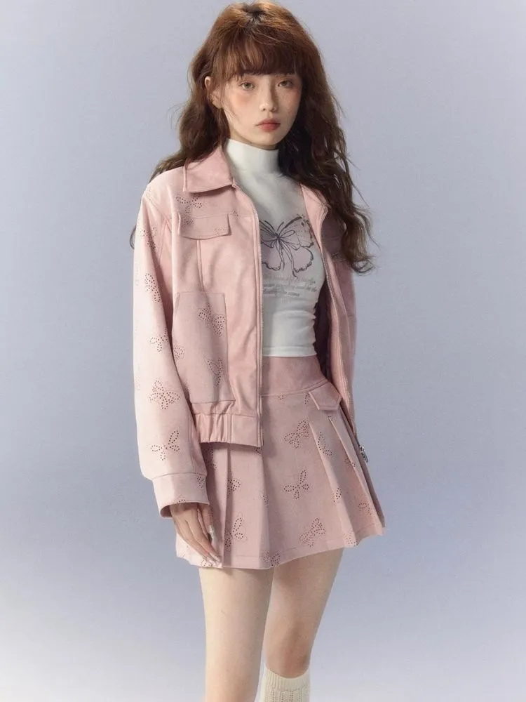 Pink leather jacket and pleated skirt【s0000003345】