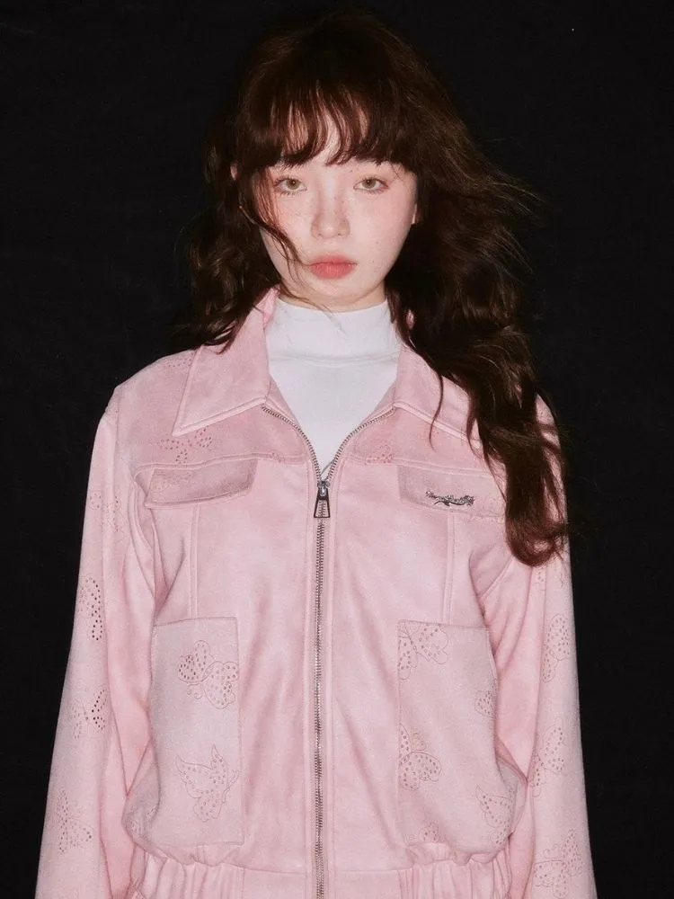 Pink leather jacket and pleated skirt【s0000003345】