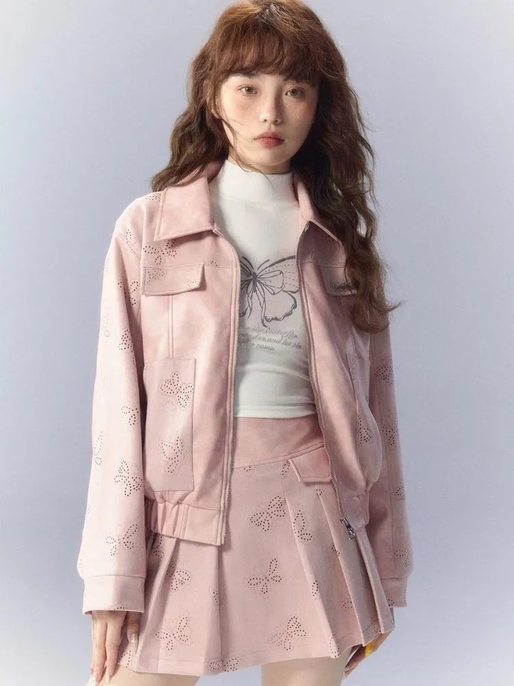 Pink leather jacket and pleated skirt【s0000003345】