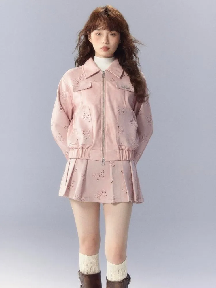 Pink leather jacket and pleated skirt【s0000003345】