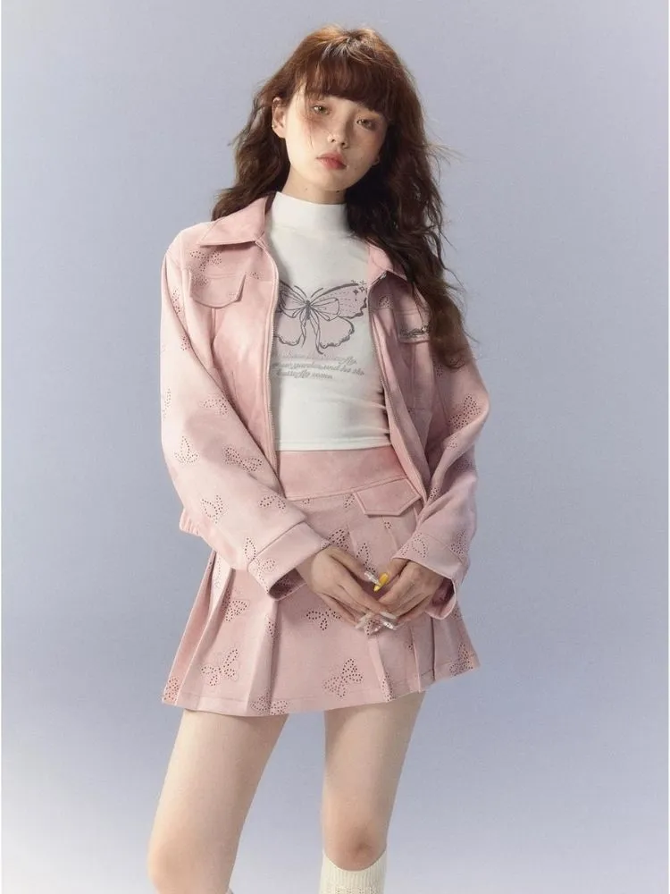 Pink leather jacket and pleated skirt【s0000003345】