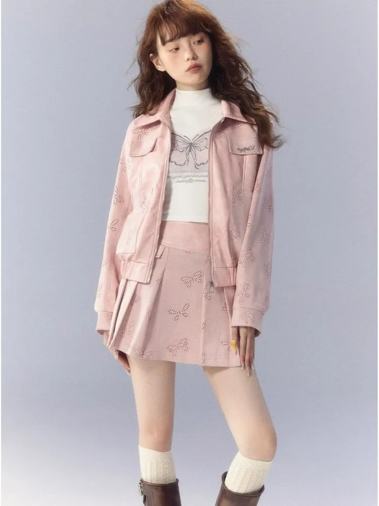 Pink leather jacket and pleated skirt【s0000003345】