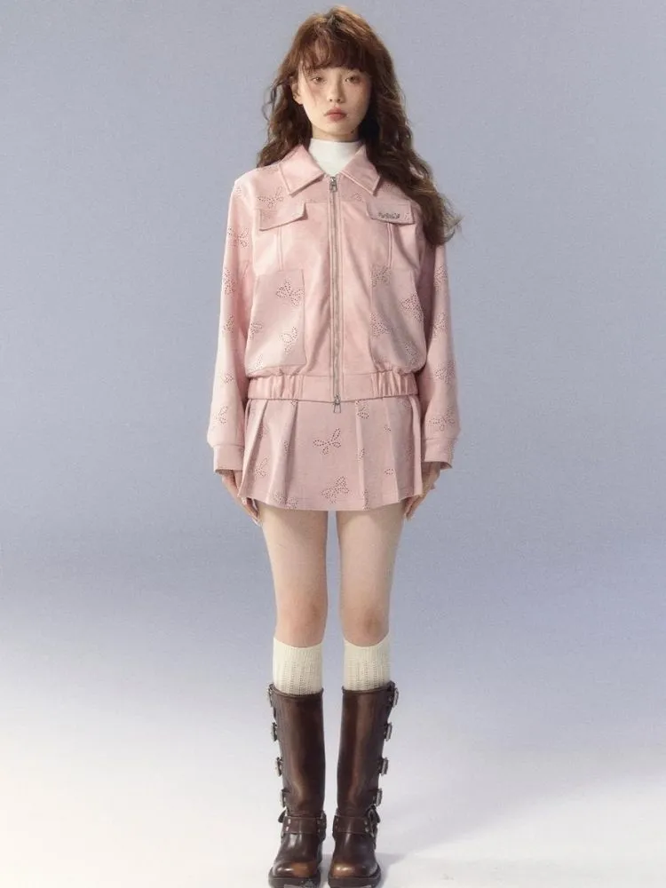 Pink leather jacket and pleated skirt【s0000003345】