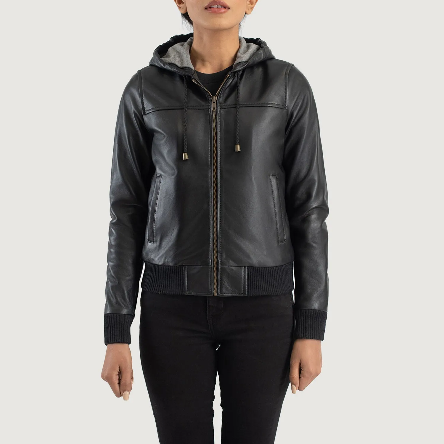 Rebella Black Hooded Leather Bomber Jacket