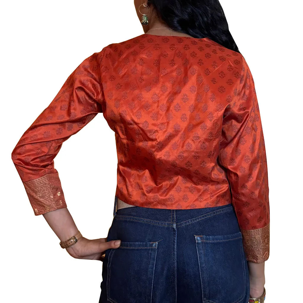 Red Fort Jacket -  Short Crop Silk Sari Woven Fabric