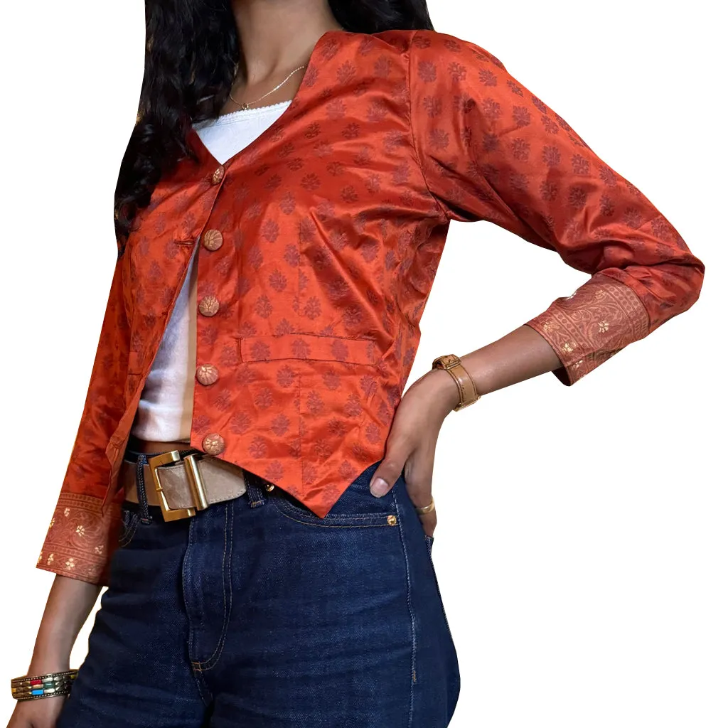 Red Fort Jacket -  Short Crop Silk Sari Woven Fabric