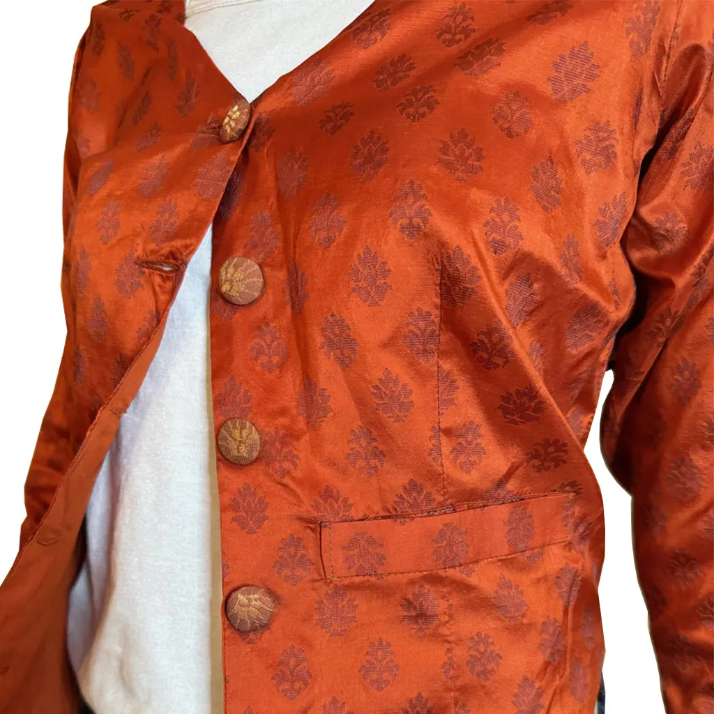 Red Fort Jacket -  Short Crop Silk Sari Woven Fabric