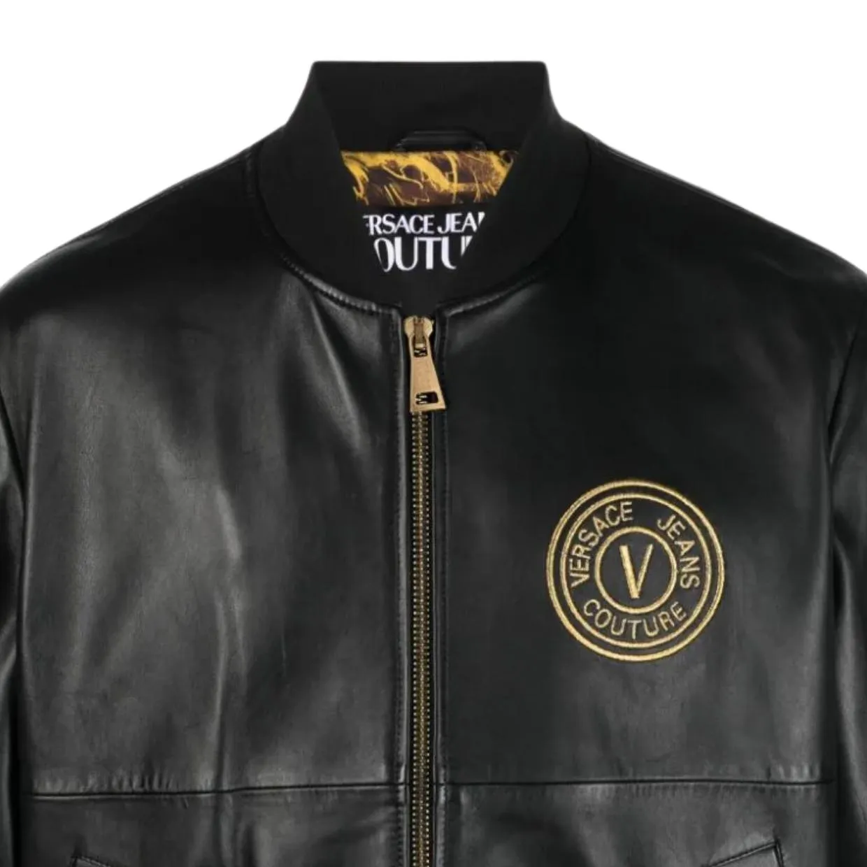 Versace Jeans Couture V Emblem Logo Black Leather Jacket